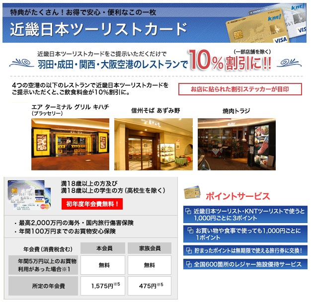 近畿日本ツーリストカード クラシックのポイント及び各空港のレストランの優待割引
