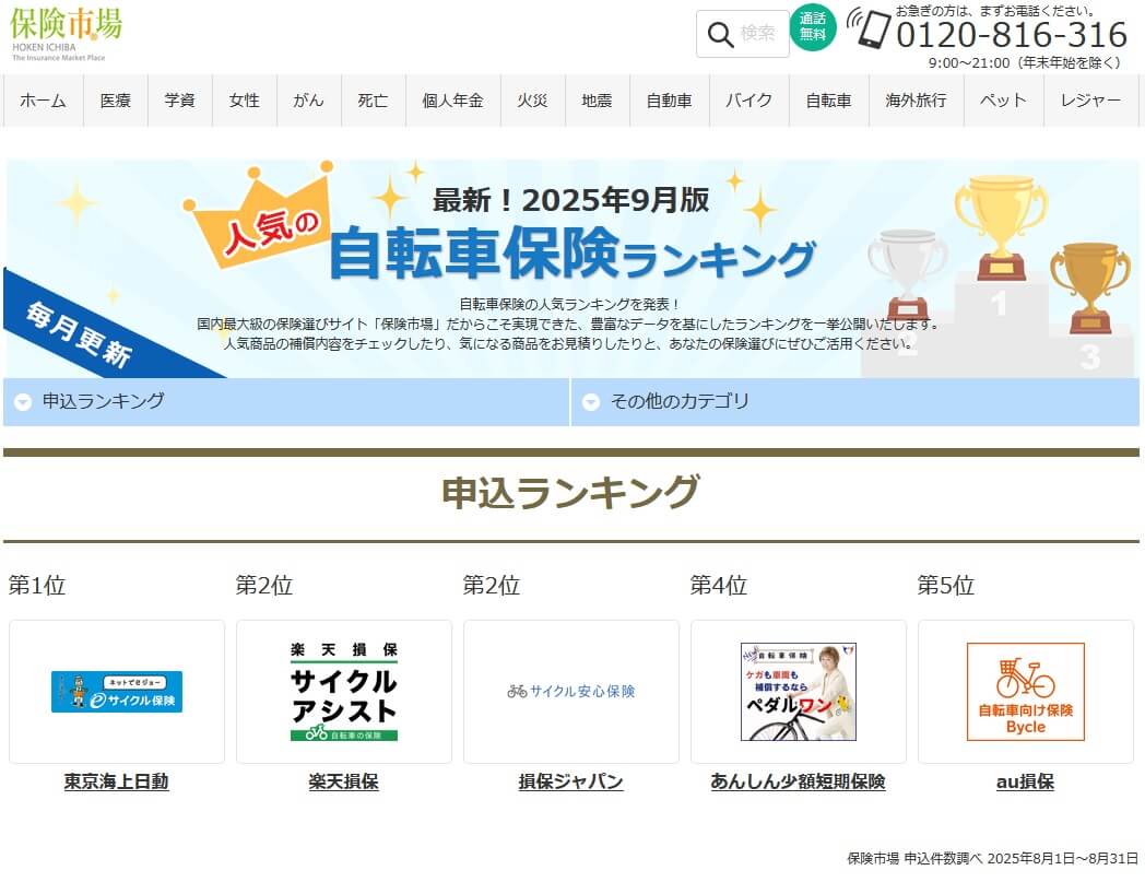 保険市場の自転車保険人気ランキング(出典:保険市場公式HP「2025年9月版 自転車保険おすすめ人気ランキング」)