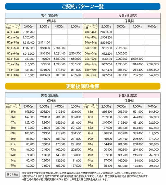 ご葬儀サポートプランの契約パターンと保険金額(出典:もしあん少額短期保険公式HP)