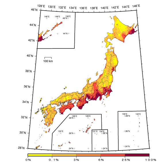 都道府県別の震度６以上の地震発生の可能性分布図