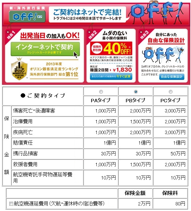 損保ジャパン・新海外旅行保険 OFF!（オフ）の補償内容・選択プランと保険料