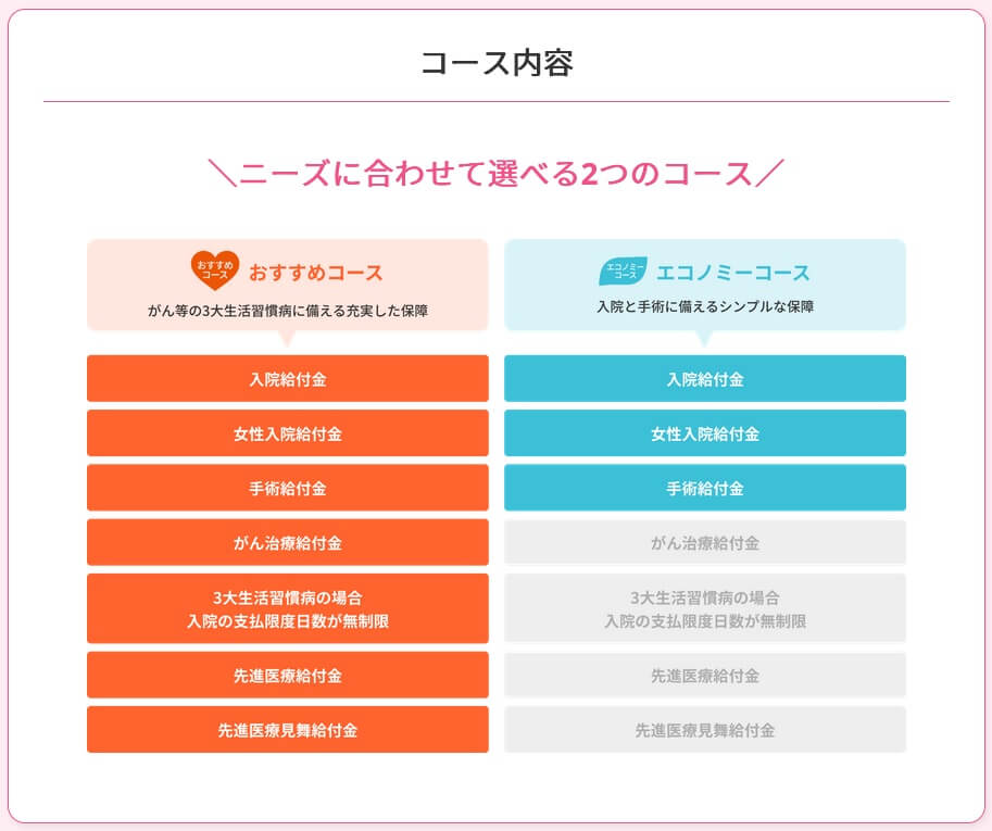じぶんへの保険3レディースのコース別の保障内容(出典:ライフネット生命公式HP「じぶんへの保険3レディースの特長」)