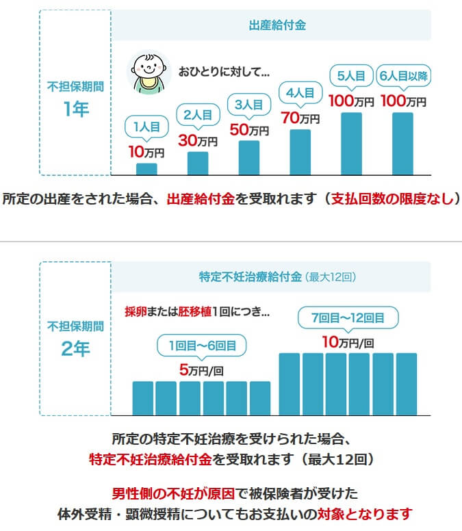 出産給付金と特定不妊治療給付金の不担保期間(出典:日本生命公式HP「ニッセイ出産サポート給付金付3大疾病保障保険 ChouChou!」)