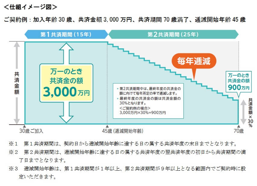 定期生命共済(逓減期間設定型)みちびきの保障内容(出典:JA共済ニュースリリース「定期生命共済(逓減期間設定型)みちびきを新設!」令和5年3月15日)