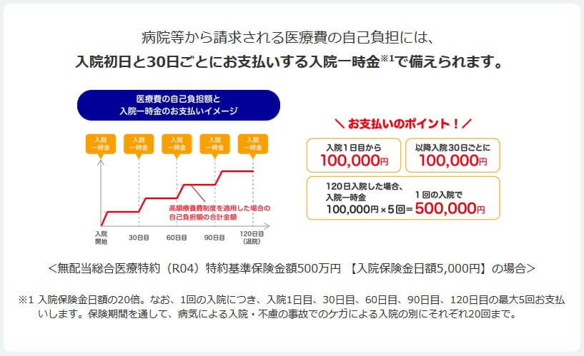 無配当総合医療特約の入院一時金(出典:かんぽ生命公式HP「特約保障のご案内」)