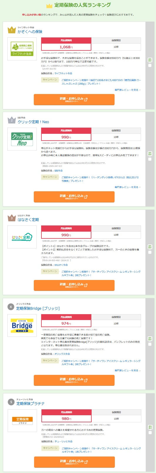 価格.comの定期保険の申込数ランキング(出典:価格.com公式HP「2025年6月更新 定期保険の人気ランキング」)