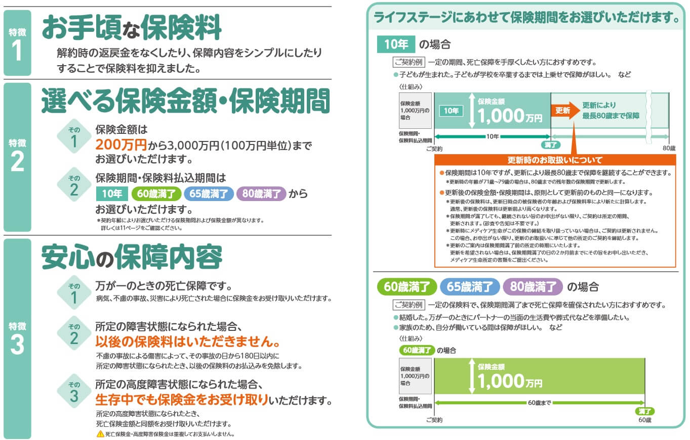 メディフィット定期の保障内容(出典:メディケア生命 メディフィット定期 商品パンフレット2025年4月版)
