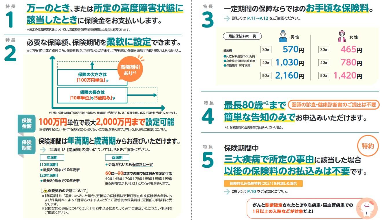 ネオde定期の特長と保障内容(出典:ネオファースト生命 ネオde定期 商品パンフレット2022年11月版)