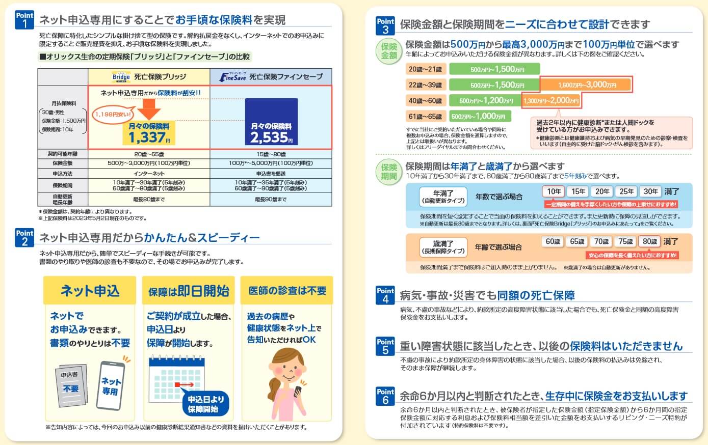 ブリッジの6つの特長(出典:オリックス生命「定期保険ブリッジ」通信販売用パンフレット2023年5月作成版)